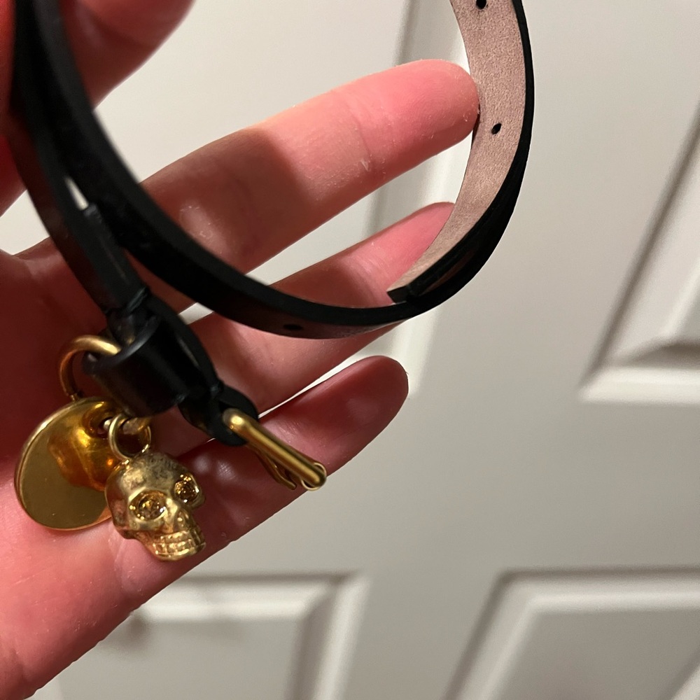 Alexander McQueen Black Leather Bracelet with Gold Skull Charm